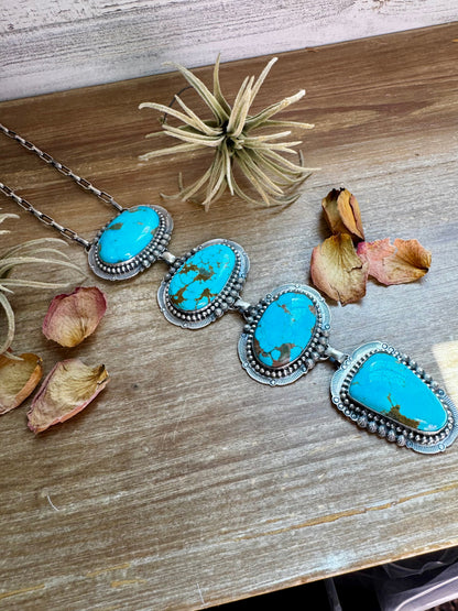 Massive Lariat Necklace – Kingman Turquoise – 19.5 Inch Sterling Silver Paperclip Chain – 8 Inch Drop – Native Made by T. Nez Sr.
